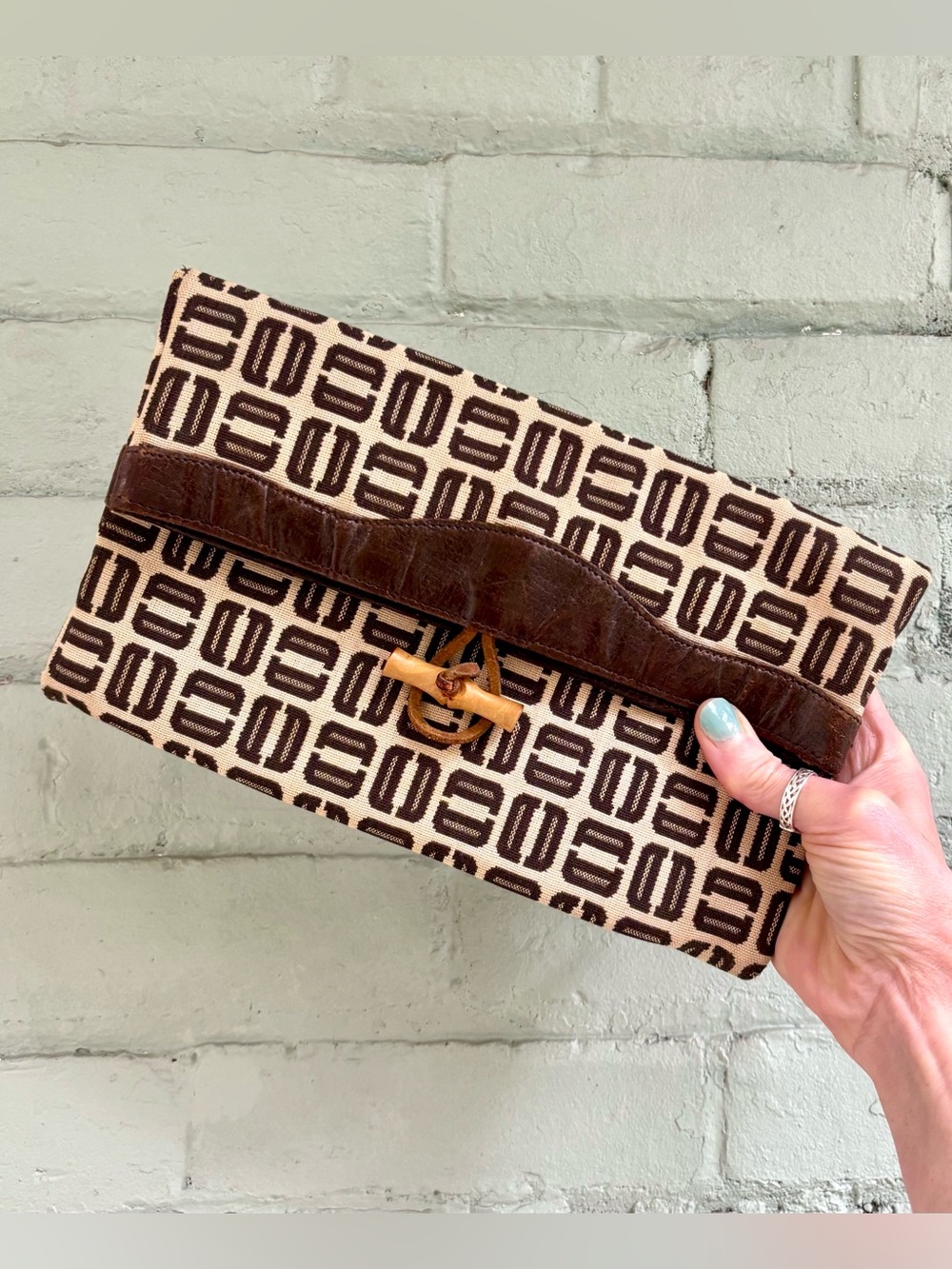 Vintage Brown Woven Fabric and Leather Envelope Clutch by Holt Renfrew
